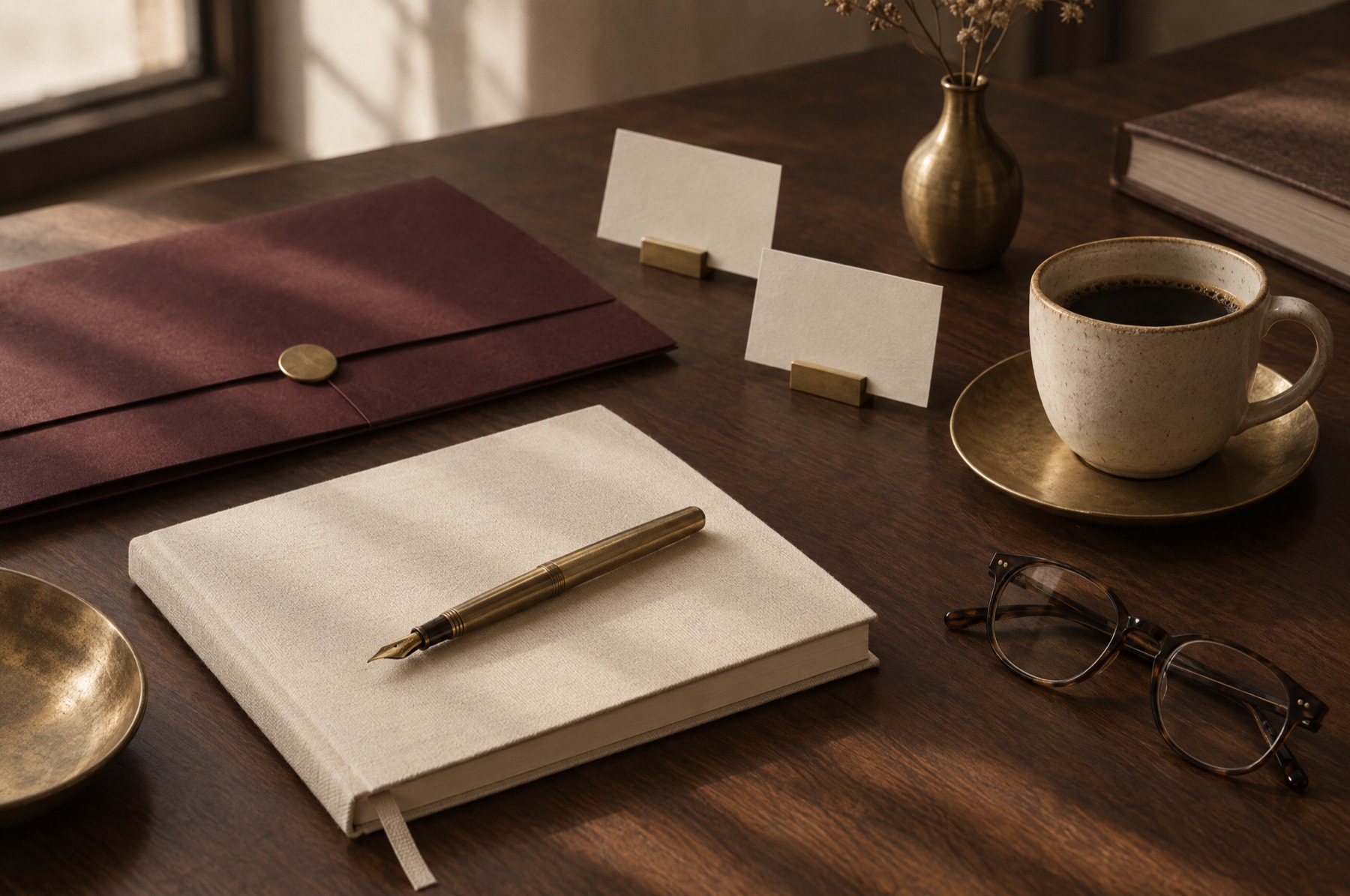 Workshop masasında defter, kahve ve isimlikler